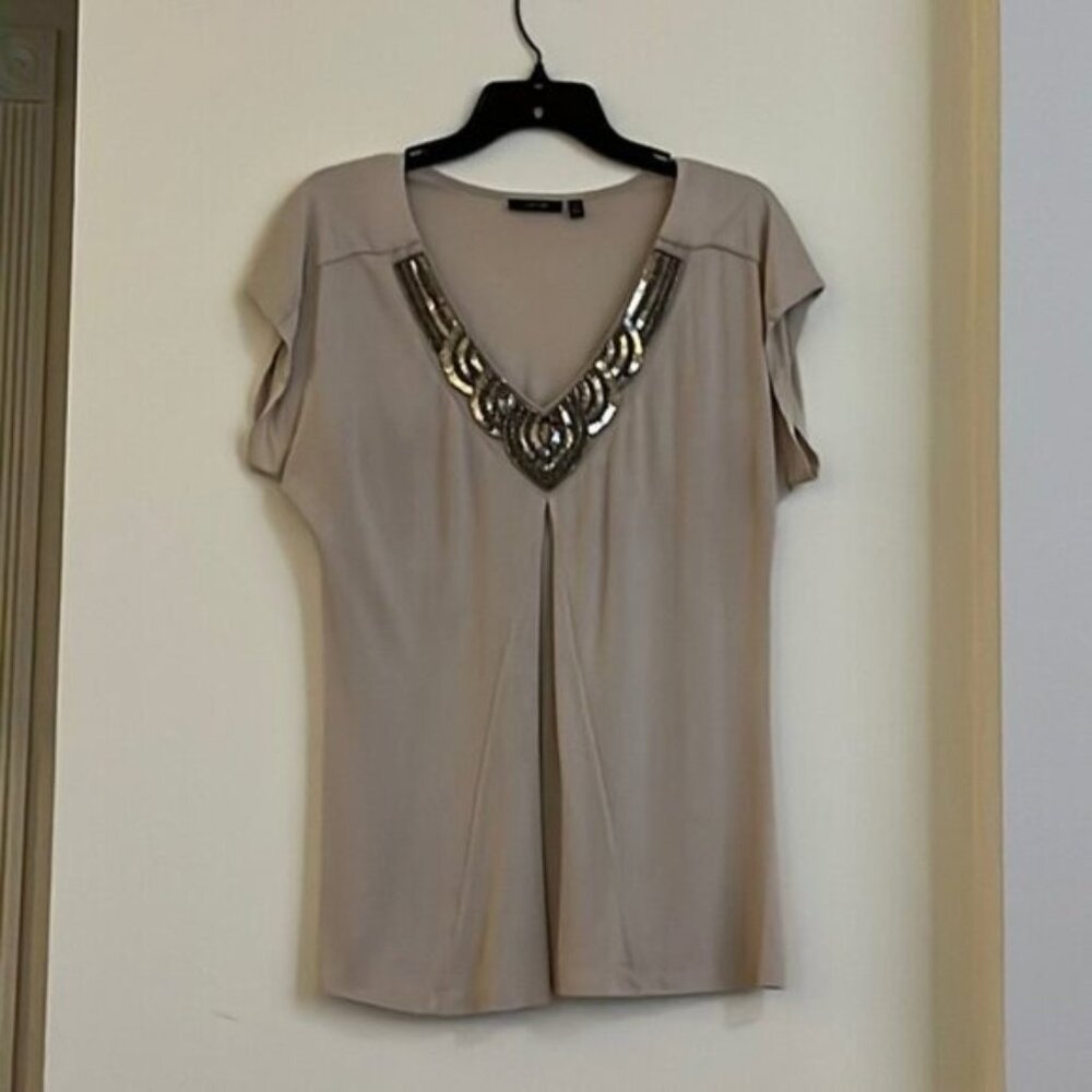 ✨ Apt. 9 Women’s Beige Beaded V-Neck Blouse | Size M | 100% Rayon ✨
